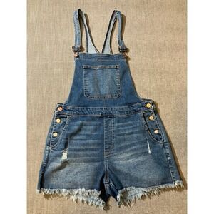 No‎ Boundaries Denim Overall Shorts Distressed Frayed Hem Blue Women's L 11-13